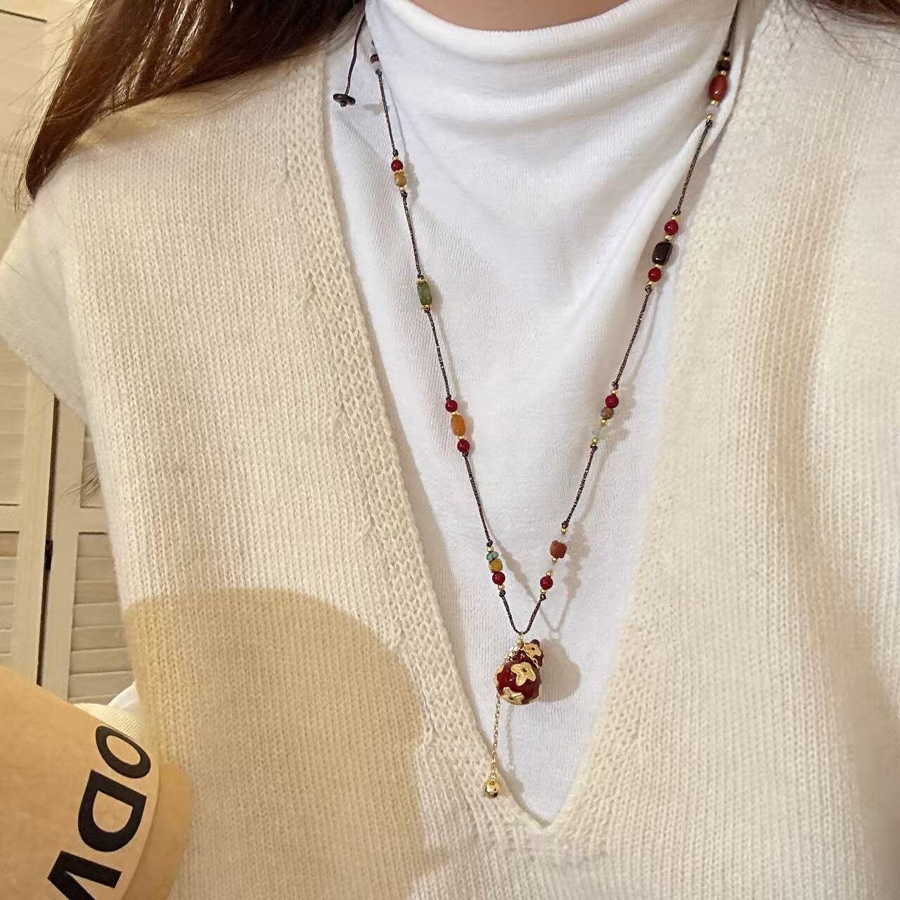 新中式复古彩色串珠葫芦长款项链女款高级感百搭秋冬毛衣链配饰女