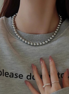 亚麻灰珠珠项链女高级感毛衣链