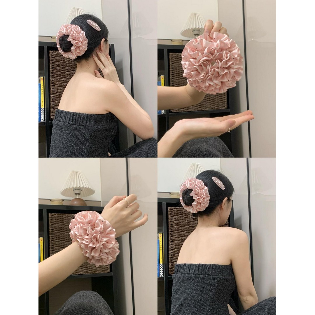 温柔粉色波点绣球花大肠发圈女款高级感扎马尾发绳头花丸子头发饰