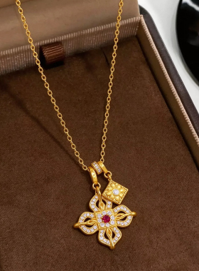 铜合金项链 满钻花朵吊坠项链女小众精致毛衣链配饰品高级感轻奢