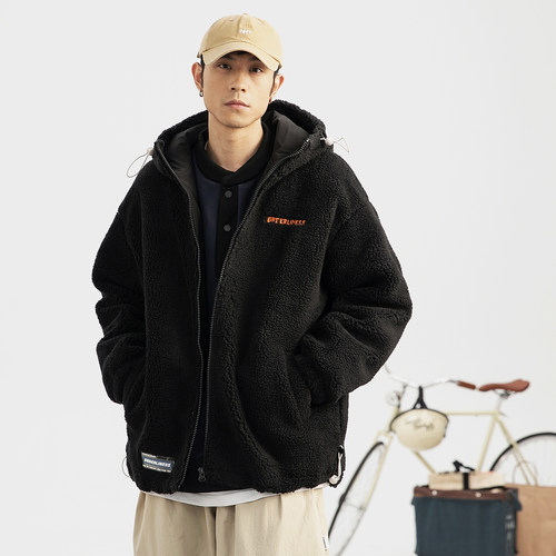 coolramon冬季原创摇粒绒棉衣男士潮流ins连帽加厚保暖羊羔毛外套