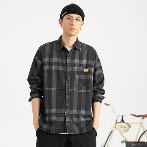 日系春秋季男士宽松外套格子衬衫