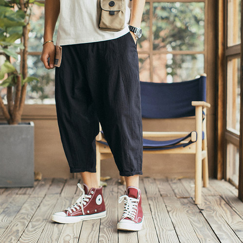 劳尔夏季日系男士棉麻哈伦裤