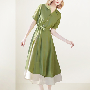 设计感绿色衬衫连衣裙女2026年夏装新款法式设计感不规则收腰裙潮