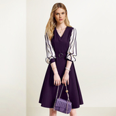 新款 法式 撞色拼接V领假两件连衣裙女2026年春季 收腰显瘦系带A字裙