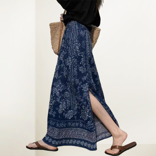 QOOEL波西米亚蓝调印花开衩裙2026春季 高腰侧开衩ins风半身裙 新款