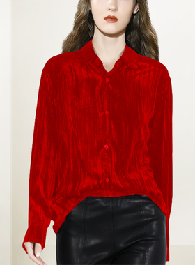 翻领法式红色丝绒衬衫女2025年秋冬新款设计感显瘦复古简约衬衣潮