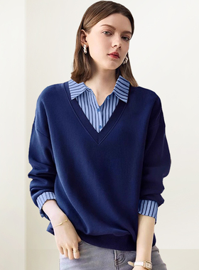 QOOEL时尚复古条纹Polo领卫衣女2025秋冬新款小众洋气假两件上衣