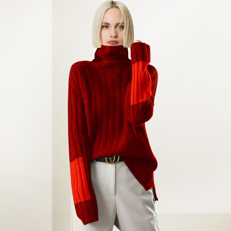 红色拼色高领针织毛衣女2025年冬季新款通勤慵懒风抗条内搭打底衫