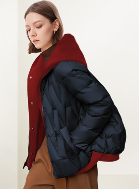 QOOEL设计感洋气撞色连帽羽绒服女2025冬季新款拉链洋气减龄外套