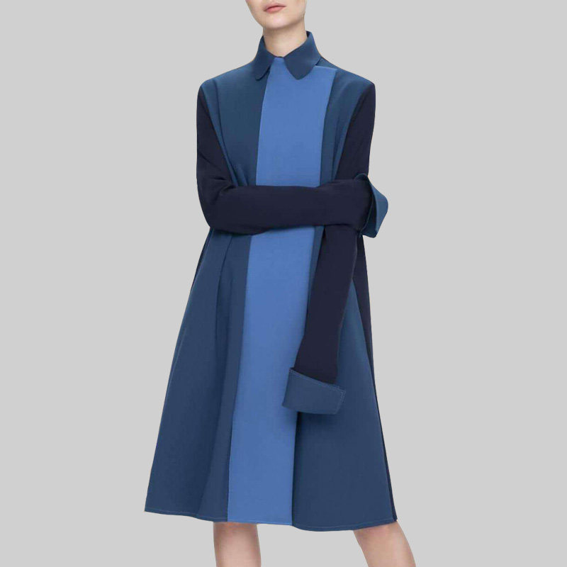 2021新款秋冬女休闲气质撞色长袖时尚连衣裙中长款宽松显瘦A字裙