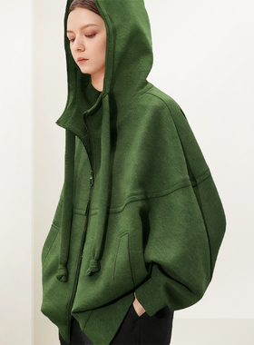 QOOEL设计感宽松百搭连帽卫衣2025秋冬新款纯色休闲拉链上衣外套