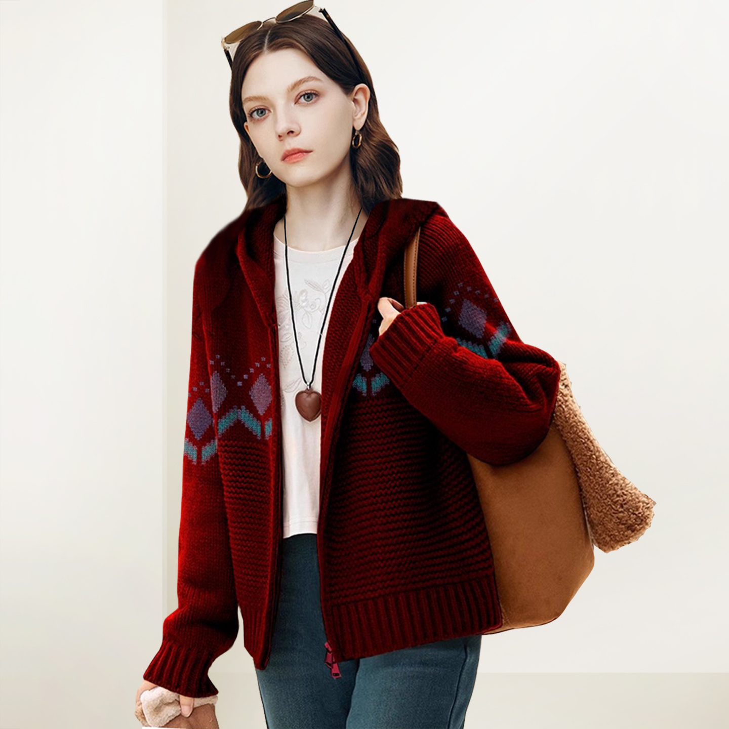 洋气酒红色厚款拉链连帽毛衣