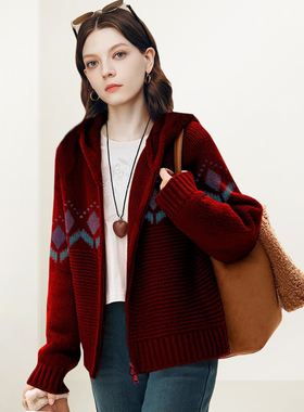 QOOEL复古时尚拉链针织开衫2025冬季新款洋气酒红色厚款连帽毛衣