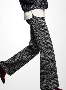 QOOEL2025秋冬新款毛呢阔腿裤格子高腰加厚时尚气质呢子直筒长裤