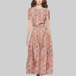 短袖 修身 A字裙女 名媛气质印花连衣裙御姐风中长裙2025夏新款 法式