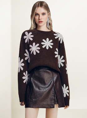QOOEL设计高级感花朵毛衣2025冬季新款慵懒风圆领别致时尚针织衫