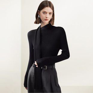 QOOEL别致半高领修身打底针织衫2026春季新款设计感飘带简约毛衣