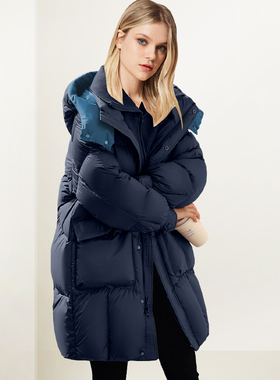 蓝色连帽中长款羽绒服女2025年冬装新款休闲显瘦加厚保暖百搭外套