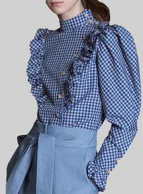 2025年秋新款立领印花格子衬衫女小众衬衣长袖荷叶边修身显瘦上衣