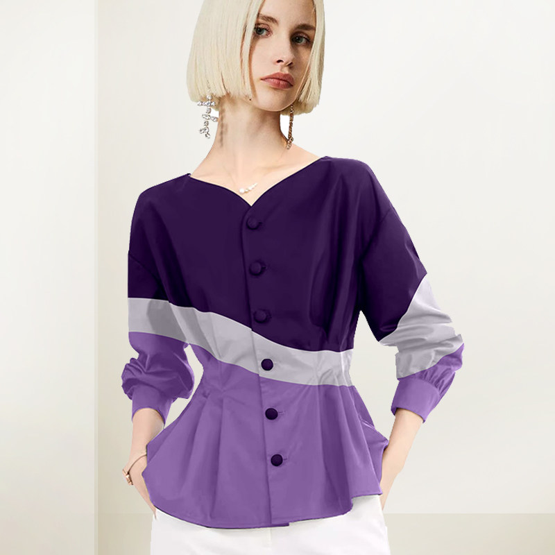 欧货法式大牌气质V领衬衫女2025秋冬新款撞色收腰显瘦小香风衬衣