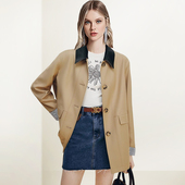 QOOEL撞色格纹拼接中长风衣女2026年春季 英伦风宽松显瘦大衣 新款