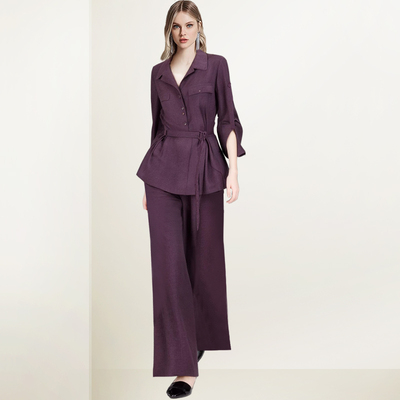 翻领衬衫阔腿裤穿搭两件套