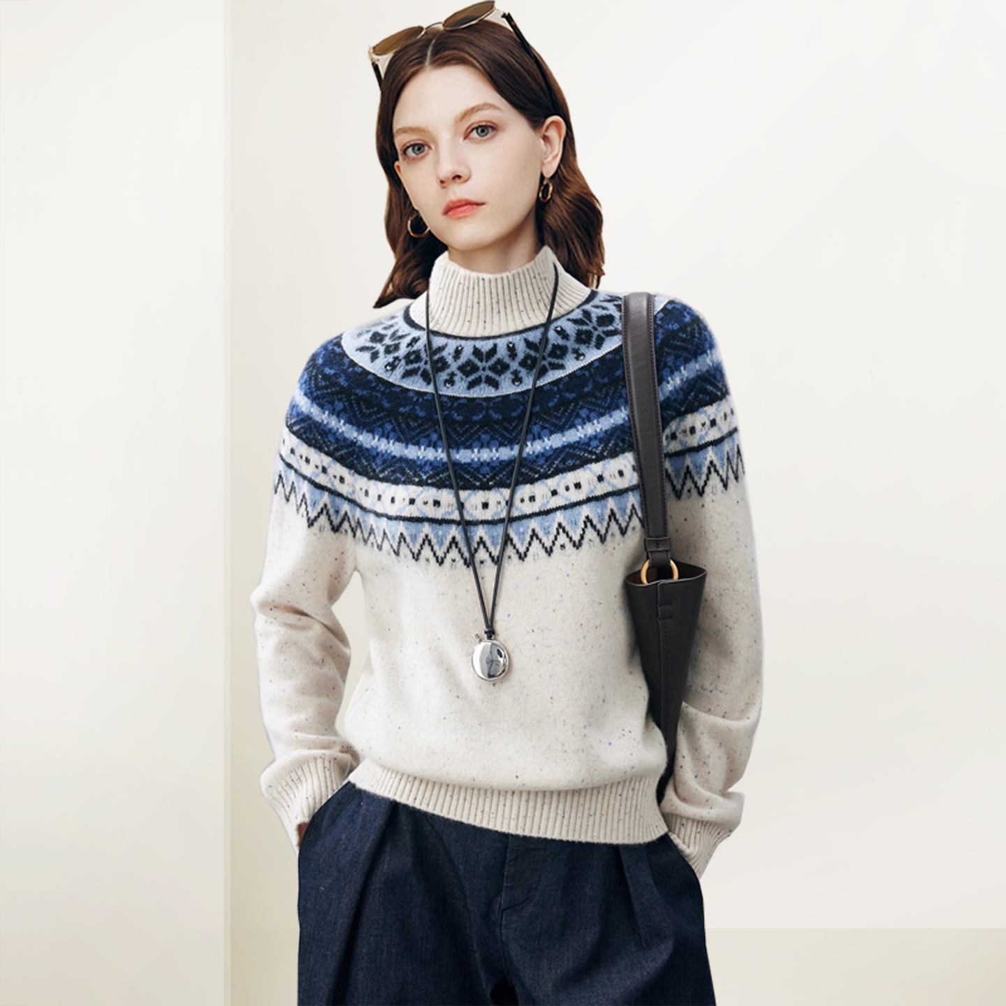 QOOEL复古法式半高圆领提花套头毛衣2025冬季新款百搭洋气针织衫