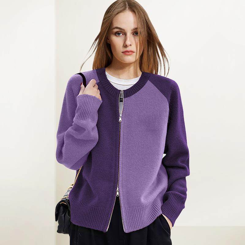 圆领撞色毛衣外套女2025年秋冬新款拉链开衫短款气质针织打底衫潮,女装/女士精品,毛针织衫,淘宝优惠券,粉丝福利购,淘宝优惠卷