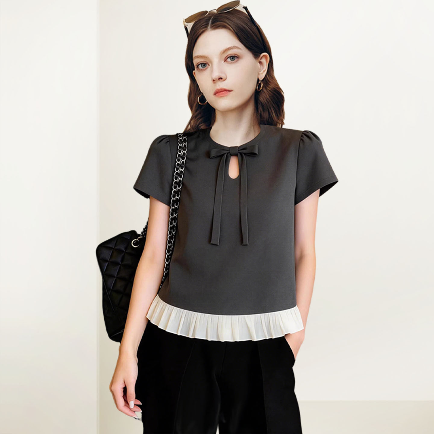 QOOEL设计感蝴蝶结短袖衬衫2026夏季新款荷叶边收腰显瘦气质上衣