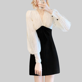 甜美撞色收腰A字裙潮 新款 法式 设计感网纱拼接连衣裙女2026年春季