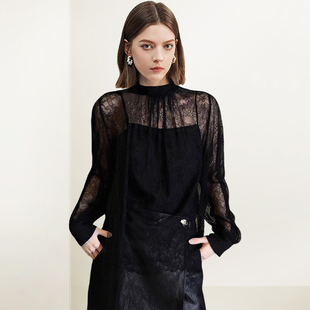 QOOEL设计感轻奢风蕾丝透视长袖衬衫2026春夏新款高级感黑色上衣