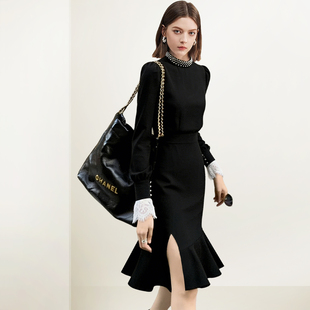 收腰气质轻奢开叉鱼尾裙 新款 QOOEL法式 小香风黑色连衣裙2026春季