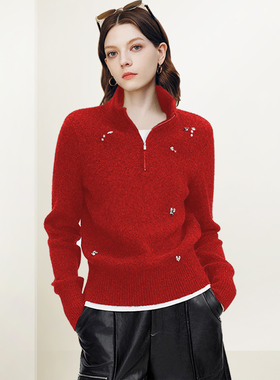 QOOEL时尚设计感半拉链立领毛衣2025冬季新款别致百搭钉珠针织衫