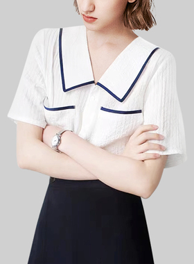法式别致甜美短袖衬衫女2026年夏装新款设计感撞色翻领小众上衣潮