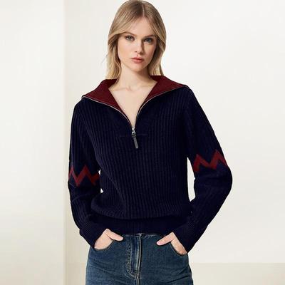 拉链连帽撞色拼接毛衣