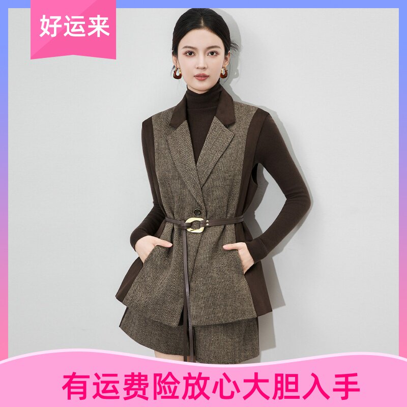 WLZD深圳南油高品质小众设计师款拼接毛呢西装马甲+短裤三件套装