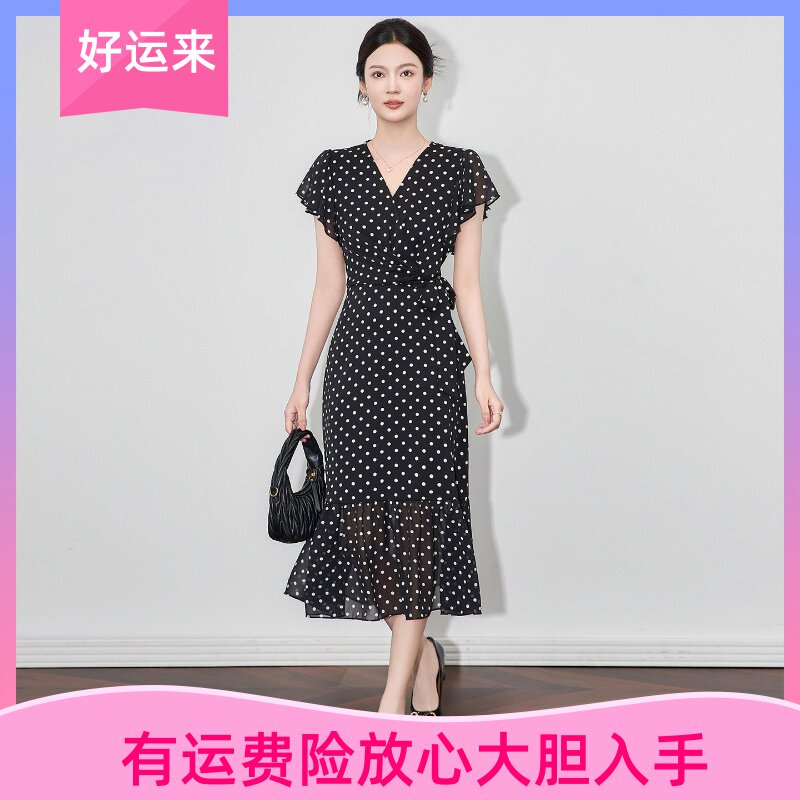 法式温柔气质波点印花雪纺连衣裙