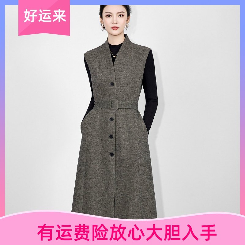 WLZD深圳南油高货法式V领收腰斜纹毛呢连衣裙气质感女秋冬背心裙