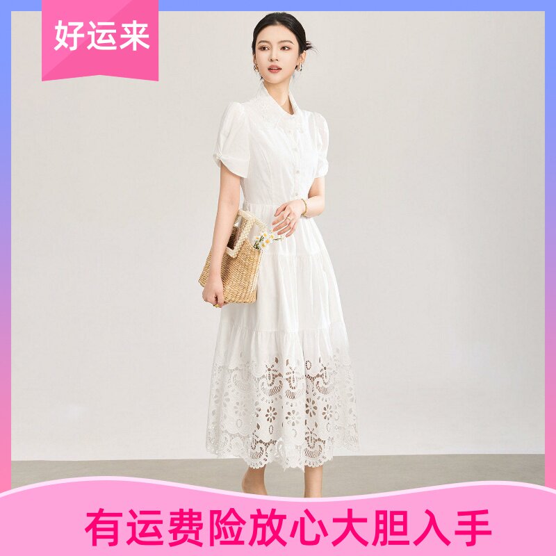 夏季纯棉法式森系镂空绣花连衣裙
