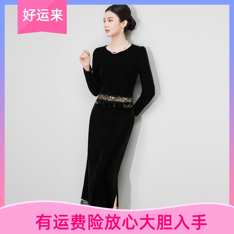-秋冬法式轻奢名媛气质丝绒拼接