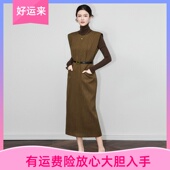 WLZD深圳南油轻奢高品女装 通勤简约条纹无袖 秋冬连衣裙复古收腰新