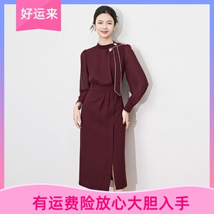 WLZD深圳南油春秋轻熟风高级感女神范收腰别致飘带圆领包臀连衣裙