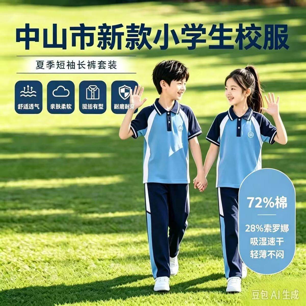 2026中山市新款统一小学短袖校服夏季短袖长裤套装高品质索罗娜