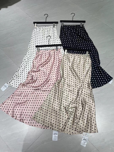 春季新款波点三醋酸半身裙女缎面包臀鱼尾a字中长款真丝绸缎裙子