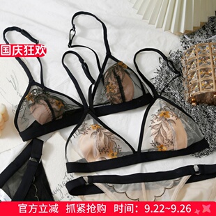法式 内衣 刺绣蕾丝兔耳朵水晶杯超薄三角杯无钢圈大胸显小文胸套装