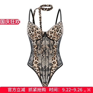 美式 连体衣 网纱连体豹纹吊带背心女性感鱼骨抹胸小上衣文胸套装