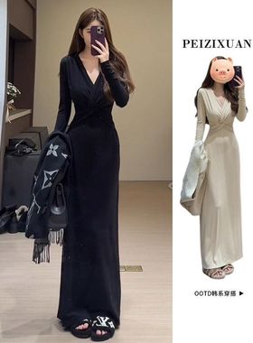 法式赫本风黑色针织连衣裙子女早秋季2025年新款气质掐腰内搭长裙