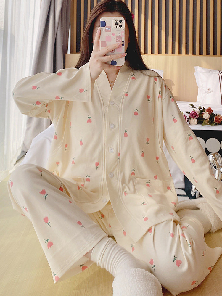 임산부용 가슴 패드가 있는 대형 200파운드 산모 잠옷 봄 가을 임신 기간 수유복 산후 수유복