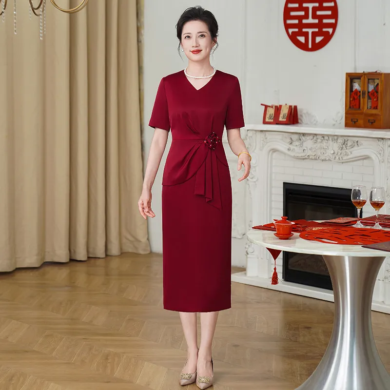 春夏新款高端妈妈婚宴装喜婆婆参加结婚礼服宴会连衣裙洋气遮肚